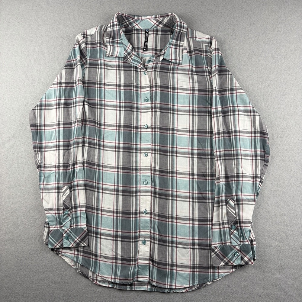 Kuhl Plaid Tencel Button Down Shirt Women's XL Aqua Gray Long Sleeve Outdoor